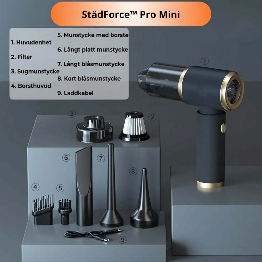 StädForce™ Pro Mini – Trådlös mini dammsugare och blåsare för skrivbord, bil och svåra hörn